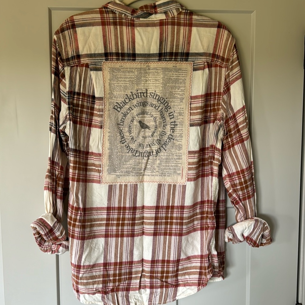 One of a kind super soft ombré rust plaid flannel with sewn on patch on back